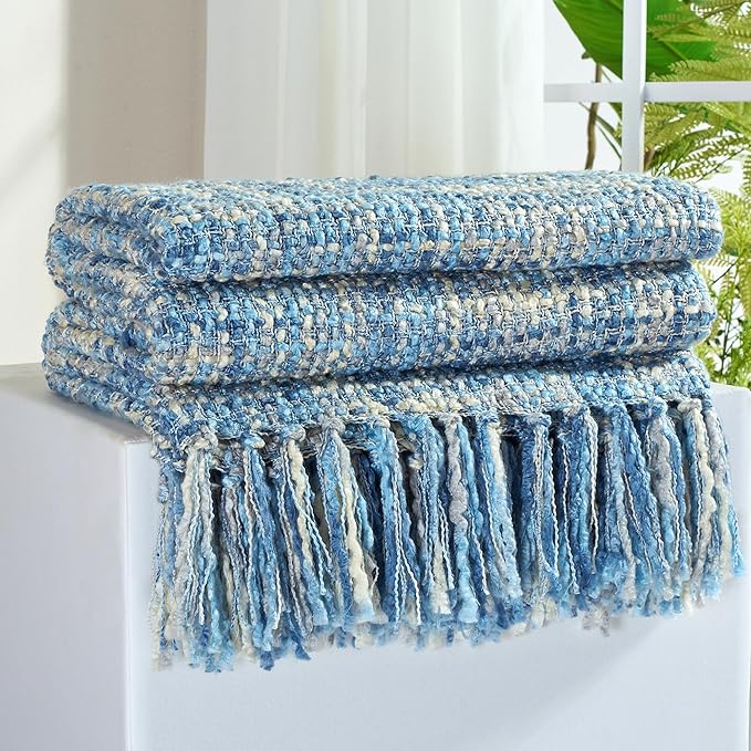 Multi-Color Light Blue Cable Woven Throw Blanket for Couch,50"X60" Boho Style Textured Blankets for Home Decor,Super Soft Warm Cozy Chunky Blanket with Decorative Tassels for Bed