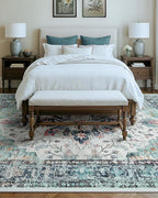 Area Rugs 10'x14' Washable Non-Slip, Floral Vintage Distress Print Pattern Medallion Carpet for Living Room Bedroom Dining Room, Green Navy Blue White Red Teal Colorful