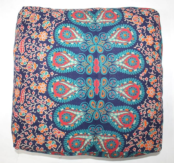 CRAFT KALA Large Hippie Mandala Meditation Floor Ottoman Pillow Cushion Pouf Cover Square Poufs Bohemian Circle Floor Cushion Case Outdoor Fireplace Yoga Living Room Decor Cover Orange, 18" Square