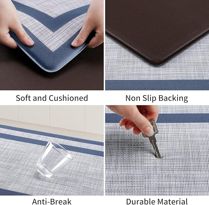 Mattitude Kitchen Mats Set of 2,Cushioned Anti-Fatigue Non-Skid Rug Sets Ergonomic Comfort Standing Mat for Kitchen, Floor, Office, Sink, Laundry, Blue and Gray