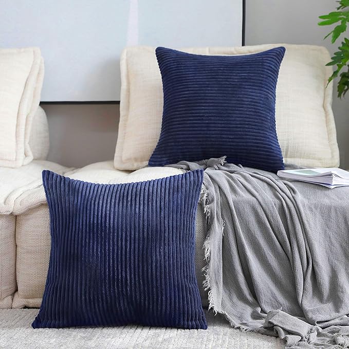 Home Brilliant Decoration Pillow Covers for Decoration Solid Soft Striped Velvet Corduroy Plush Set of 2 Throw Cushion Cover for Square Pillows, 50cm, 20 x 20 Inch, Navy Blue