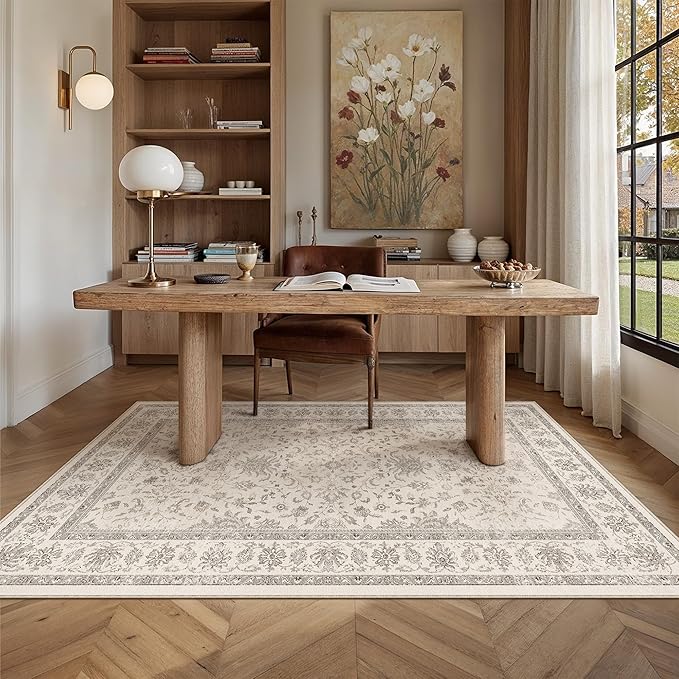 3x5 Area Rug Beige Washable Entryway Vintage Carpet Office Small Non Slip Stain Soft Resistant Low Pile Thin Boho Accent Indoor Throw Rug for Laundry Kitchen Bathroom Entrance Bedroom