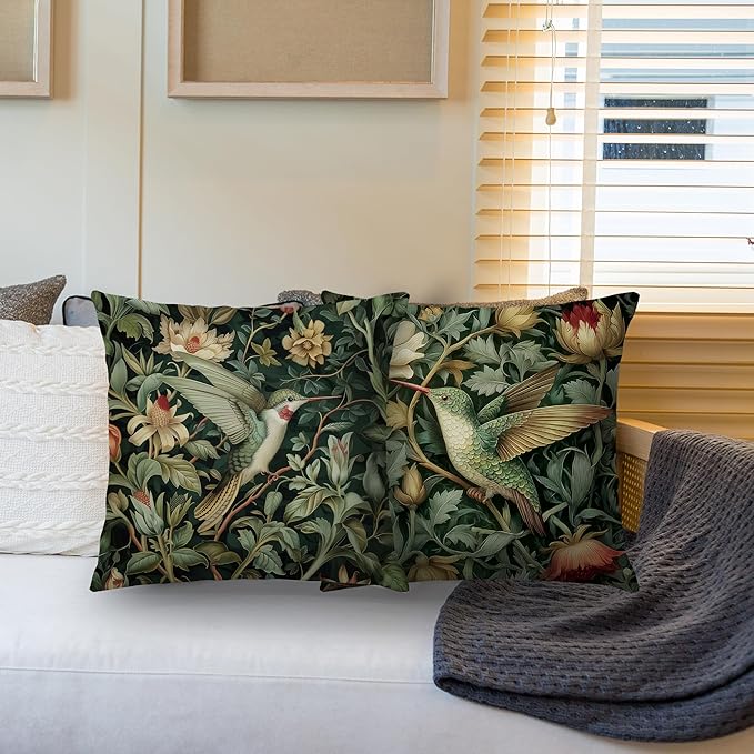 Vintage William Morris Hummingbird Pillow Cover 18x18 Set of 2,Rustic Green Hummingbird Bird Animal Floral Botanical Print Decorative Throw Pillow Covers for Home Bedroom Living Room