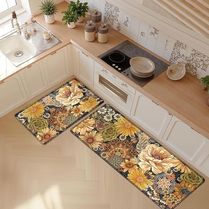 Boho Floral Kitchen Mats for Floor 2PCS Anti Fatigue Mats for Kitchen Floor Cushioned Non Slip Waterproof Memory Foam PVC Kitchen Rugs Set for Sink,Office,Laundry 17.3"x28"+17.3"x47"