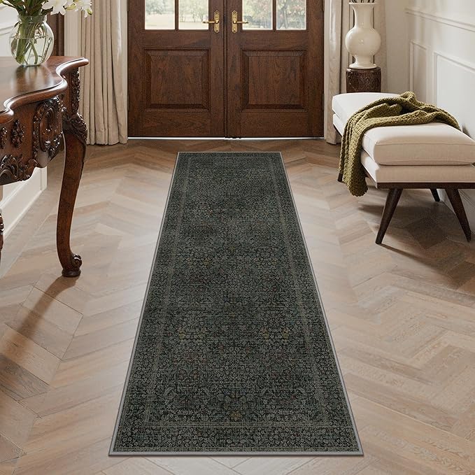 GENIMO 2x6 Runner Rug Non-Slip Washable, Low Pile Vintage Floral Indoor Carpet for Hallway Entryway Kitchen Bathroom, Stain Resistant （Charcoal Green）