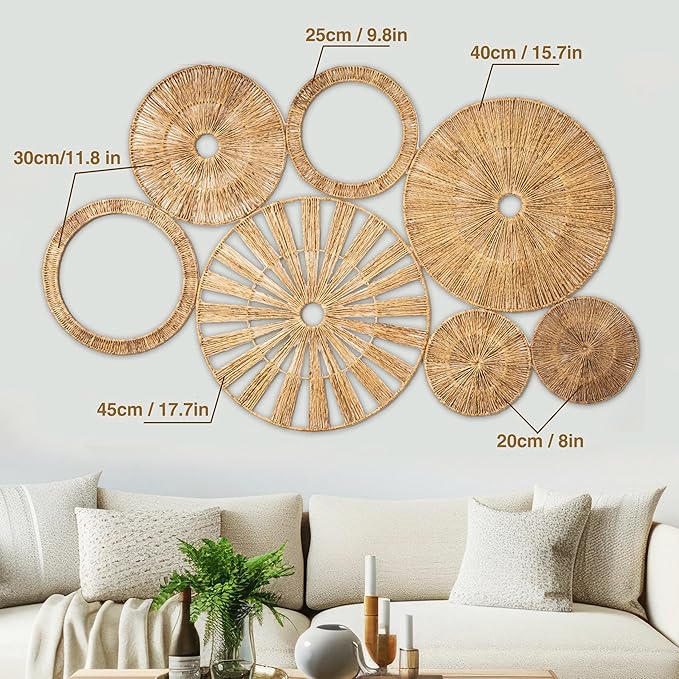 Xavia Handicrafts Set of 7 Boho Wicker Rattan Plate Basket For Décor Hanging Wall | Large Woven Farmhouse Rustic Bohemian Art Baket Hangings For Decorative Home, Bedroom, Living Room, Kitchen, Bathroom