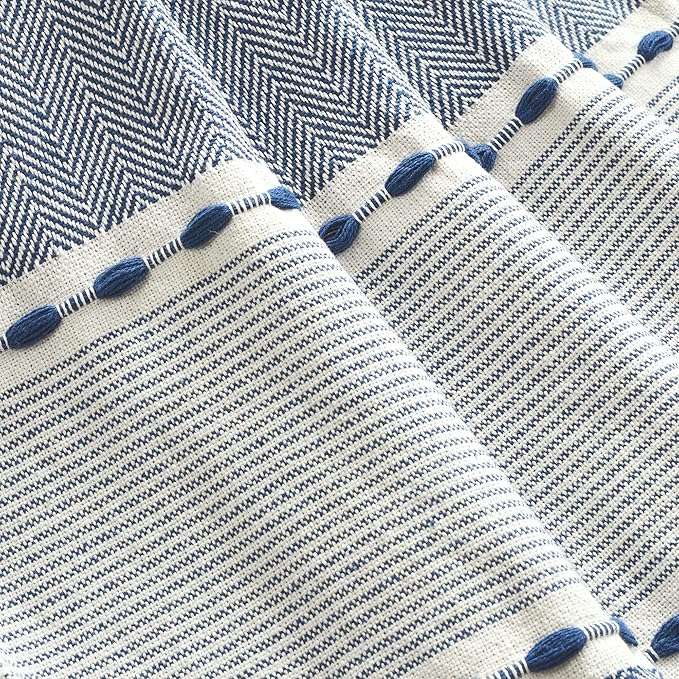 Lush Decor Herringbone Stripe Woven Tassel Yarn Dyed Cotton Tassel Throw Blanket 50" W x 60" L Navy & White - Striped Throw Blankets - Blue Couch Blanket