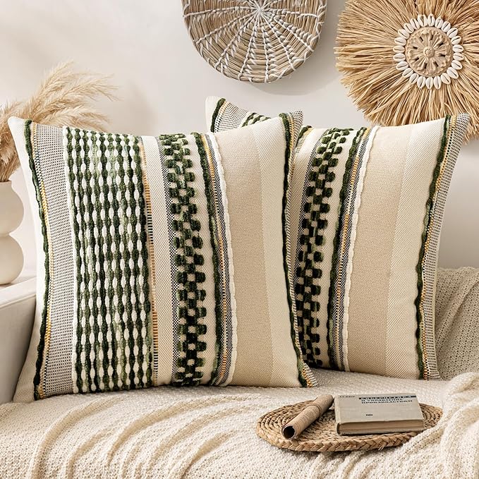 ANRODUO Pack of 2 Boho Decorative Throw Pillow Covers 22x22 Farmhouse Cushion Case Striped Chenille Pillow Cases Square Pillow Covers Accent Neutral Pillowcase for Sofa Couch Bed, Olive Green Stripe