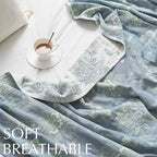 jinchan Boho 100% Cotton Muslin Twin Size 50x60 Inches Blanket Lightweight 4-Layer Quilted Soft Blue and White Floral Throw Blanket Green Accents Reversible Comfy Flower Breathable Summer Couch
