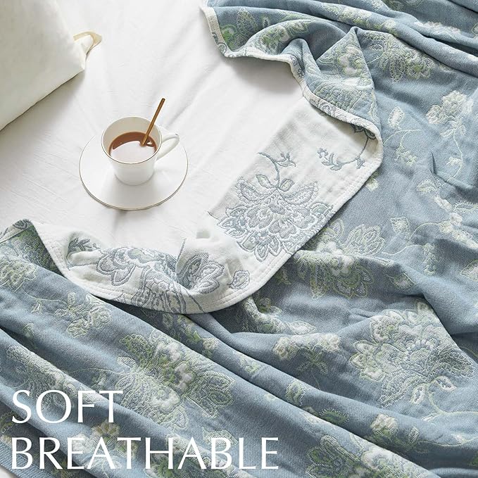 jinchan Boho 100% Cotton Muslin Queen Size 80x90 Inches Blanket Lightweight 4-Layer Quilted Soft Blue and White Floral Throw Blanket Green Accents Reversible Comfy Flower Rustic Summer Couch Bedroom
