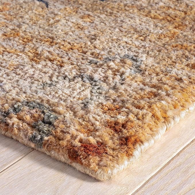 Dash and Albert Horseshoe Neutral Hand Knotted Jute Rug, 5 X 8 Feet, Neutral/Blue Geometric Pattern - Premium Luxury Hotel Quality Soft Breathable Hypoallergenic Machine Washable Easy Care All