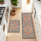 Boho Kitchen Mats for Floor 2 Piece Set Anti Fatigue Cushioned PVC Kitchen Rugs Non Slip Waterproof Farmhouse Mats 2/5 Inch Comfort Standing Mat for Sink, Laundry, 17.3"x59"+17.3"x28", Retro Red