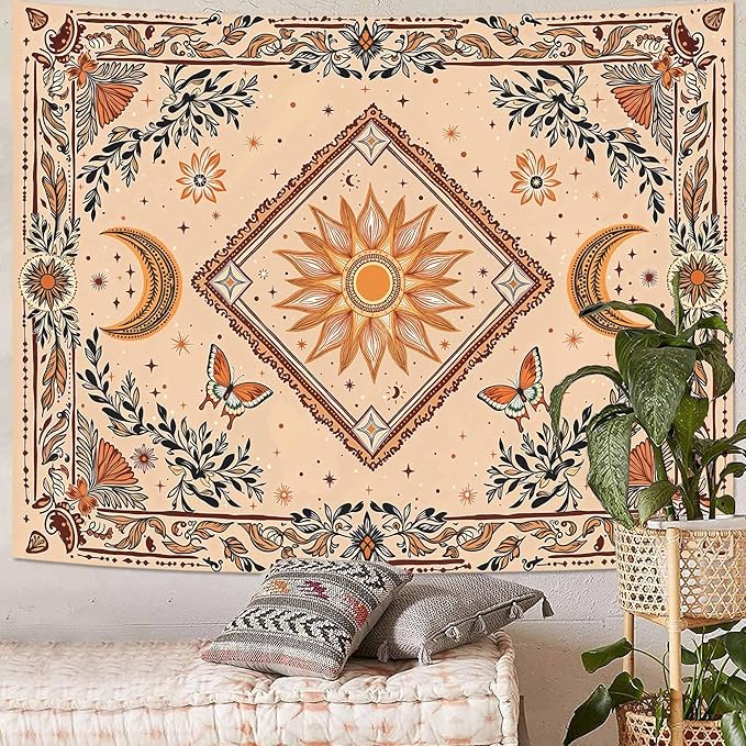 Accnicc Boho Sun and Moon Tapestry Hippie Mandala Floral Wall Tapestry for Bedroom Aesthetic Vintage Butterfly Plant Beige Small Tapestries Wall Hanging for Dorm Living Room Decor 60 x 44 Inch