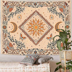 Accnicc Boho Sun and Moon Tapestry Hippie Mandala Floral Wall Tapestry for Bedroom Aesthetic Vintage Butterfly Plant Beige Small Tapestries Wall Hanging for Dorm Living Room Decor 60 x 44 Inch