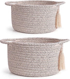 Small Gift Basket Empty Set of 2 - Little Cute Woven Rope Organizer Bins for Baby Shower Gifting, Makeup, Bathroom, Desk, Decorative Vanity - Pre-Shaped, Brown