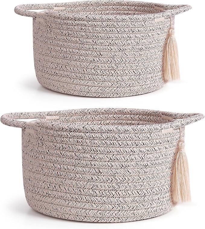 Small Gift Basket Empty Set of 2 - Little Cute Woven Rope Organizer Bins for Baby Shower Gifting, Makeup, Bathroom, Desk, Decorative Vanity - Pre-Shaped, Brown