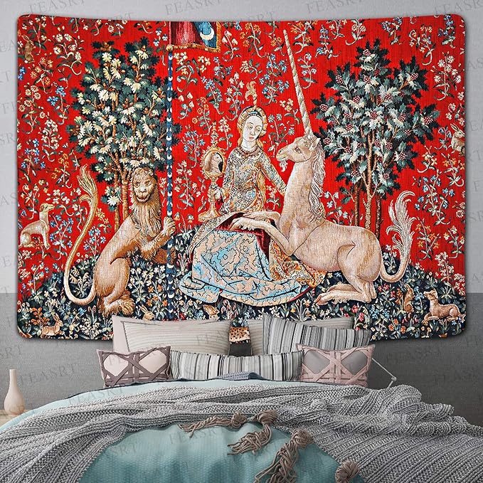 FEASRT Medieval Princess Tapestry - European Royal Tapestry The Maiden and The Unicorn - 80x60 inch for Bedroom, Living Room, Dorm Decoration