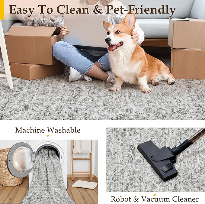 HUGEAR 2x3 Entryway Area Rug Grey Small Rug Machine Washable Door Mat Neutral Vintage Floral Low Pile Carpet Distressed Throw Rug Entrance Kitchen Bathroom Bedroom Office Non Slip Soft Lightweight