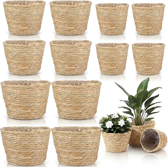 12 Pcs Seagrass Plant Basket with Plastic Liners Woven Stylish Planter Baskets Bulk Indoor Outdoor Plants Woven Wicker Baskets for Flower Pots Cover and Room Decor Small (Mixed Size,Rustic)