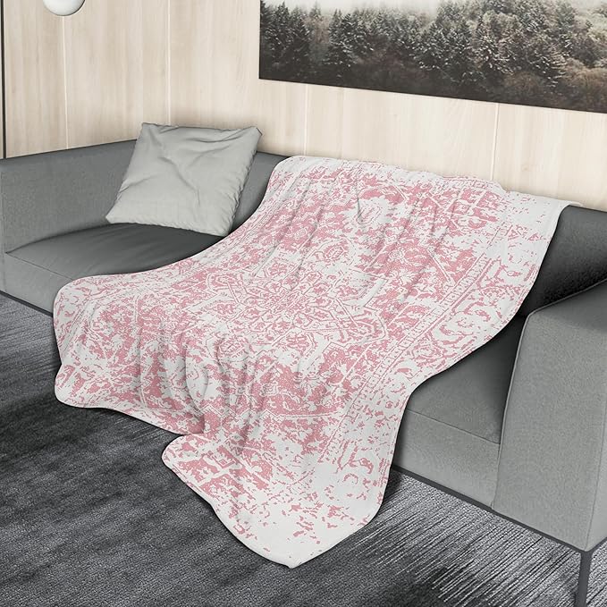 aportt Pink White Boho Blanket Soft Flannel Lightweight Preppy Bohemian Throw Blanket Cozy Warm Cute Aztec Geometric Blankets All Seasons Living Room Decor for Couch Chair Bed Sofa Office 40x50 inch