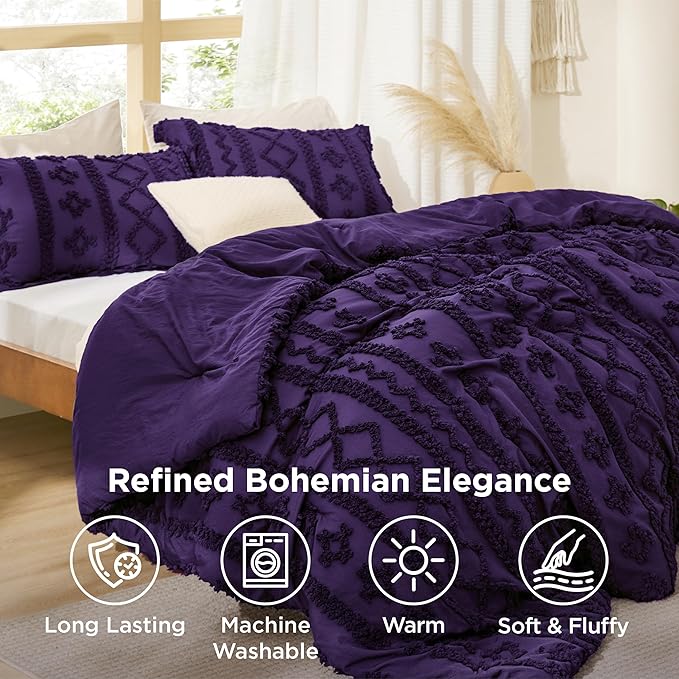Bedsure Tufted Boho Comforter Set Twin Size - Purple Boho Bed Set, GentleSoft™ 2 Pieces Farmhouse Shabby Chic Embroidery Bedding, Gifts for Woman, Soft Jacquard Twin Comforter for All Seasons