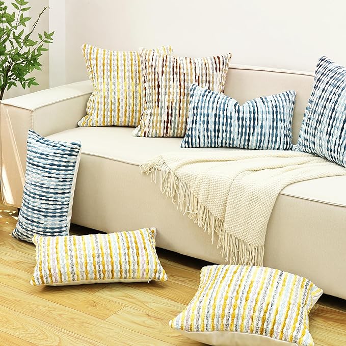 Boho Chenille Striped Pillow Cover 18x18 Inch, Decorative Pillow Cover for Couch Bed Sofa Living Room Bedroom Farmhouse Modern Home Decor Accent Pillowcases Set of 2, Multicolor