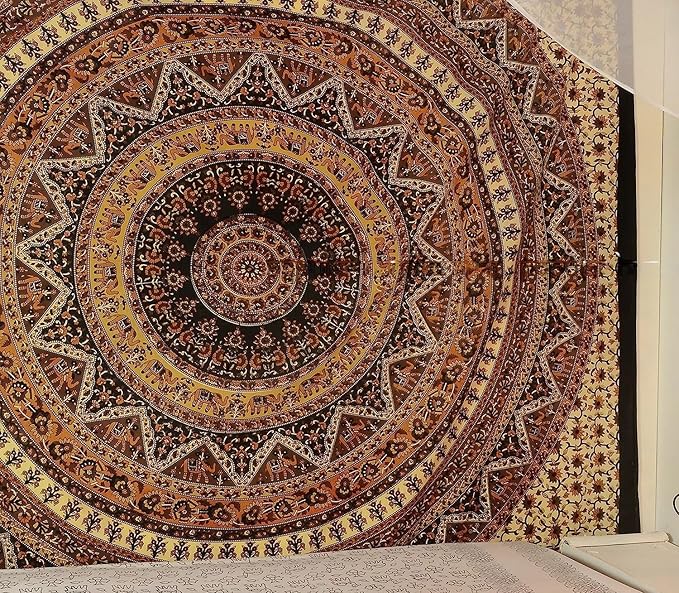 Popular Handicrafts Hippie Mandala Wall Hanging Tapestry For Bedroom Bohemian Psychedelic Intricate Floral Design Indian Tapestries Bedspread 84 x 54 Inches (215cm x 137cm) Brown