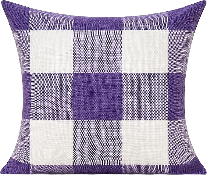 VAKADO Purple White Outdoor Farmhouse Buffalo Plaids Decorative Throw Pillow Covers Retro Checked Square Cushion Cases Classic Coffee Check Home Decor for Couch Sofa Patio 26x26 Inch Pack of 2