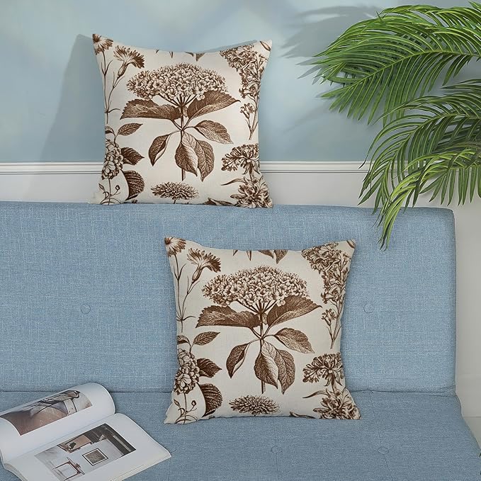 Brown Pillow Covers 18x18 Set of 2 Vintage Boho Floral Hydrangea Herbs Botanical Throw Pillow Cover Outdoor Flower Decorative Pillowcase Linen Farmhouse Cushion Case Decor for Couch Sofa
