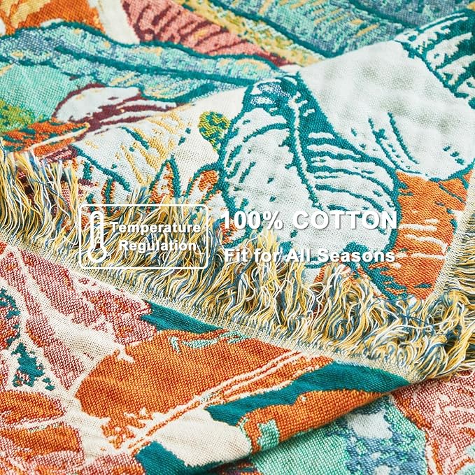 Boho Throw Blanket for Couch Sofa Chair Cotton Spring Blankets for Bedroom Living Room All Season Soft Lightweight Reversible Botanical Floral Embroidery Decorative Throws 50"x60" Home Decor