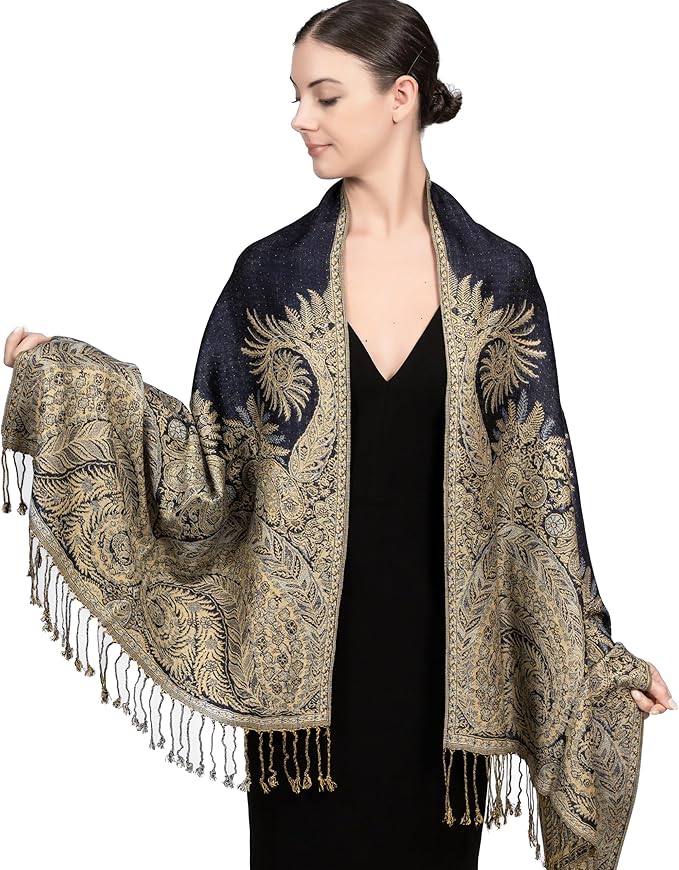 Achillea Reversible Paisley Pashmina Rave Scarf – Exotic Indian Shawls and Wraps for Evening Dresses, Festivals, All Seasons
