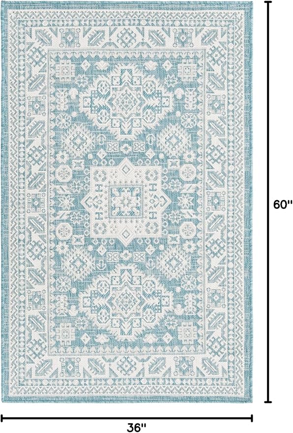 Rugs.com Outdoor Aztec Collection Rug – 3' x 5' Aqua Flatweave Rug Perfect for Living Rooms, Large Dining Rooms, Open Floorplans