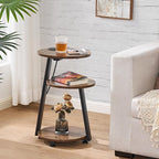 BEWISHOME Round End Table with Charging Station, Side Table Accent Nightstand Bedside Table with 3-Tier Shelves, Small Couch Table for Living Room Bedroom Rustic Brown KTZ51Z