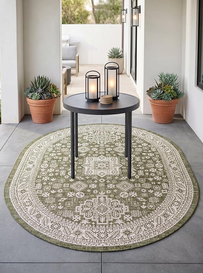 Rugs.com Outdoor Aztec Collection Rug – 5' x 8' Oval Green Flatweave Rug Perfect for Living Rooms, Large Dining Rooms, Open Floorplans