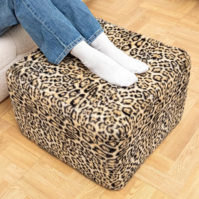 20x20x14 Inches Fluffy Square Pouf Ottoman - Plush Furry Boneless Ottoman Foot Rest Stool with High-Density Foam, Versatile Floor Seating for Living Room (Leopard Print)