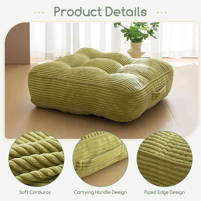 HIGOGOGO 6" Extra Thick Floor Pillow Cushion for Adults, Meditation Cushion Pillow, Large Square Floor Sitting, Tufted Corduroy Cover, for Tatami Living Room or Yoga, 22x22 Inch, Green