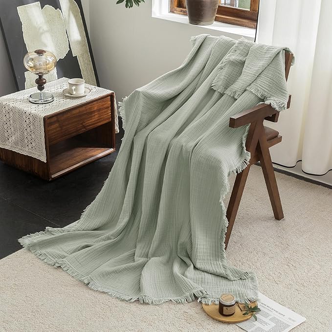 FOSSA Muslin Blanket with Fringe - 4-Layer 100% Cotton Gauze Super Soft & Breathable Throw -Lightweight Decorative Cooling Blanket for Bed, Sofa, Office (Sage Green, Oversize Queen (98" × 98"))