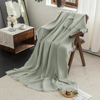 FOSSA Muslin Blanket with Fringe - 4-Layer 100% Cotton Gauze Super Soft & Breathable Throw -Lightweight Decorative Cooling Blanket for Bed, Sofa, Office (Sage Green, Oversize Queen (98" × 98"))