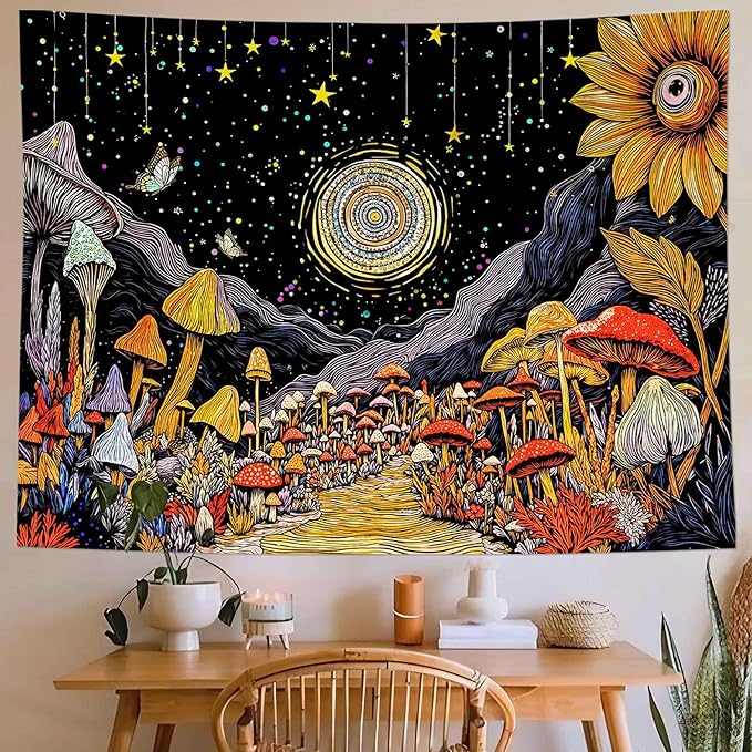 Yeoiat Tapestry Mystical Mushroom Path Tapestries Celestial Forest Tapestries Vibrant Sunflower Wall Tapestry Bedroom Dormitory Living Room Decoration 90"x70"