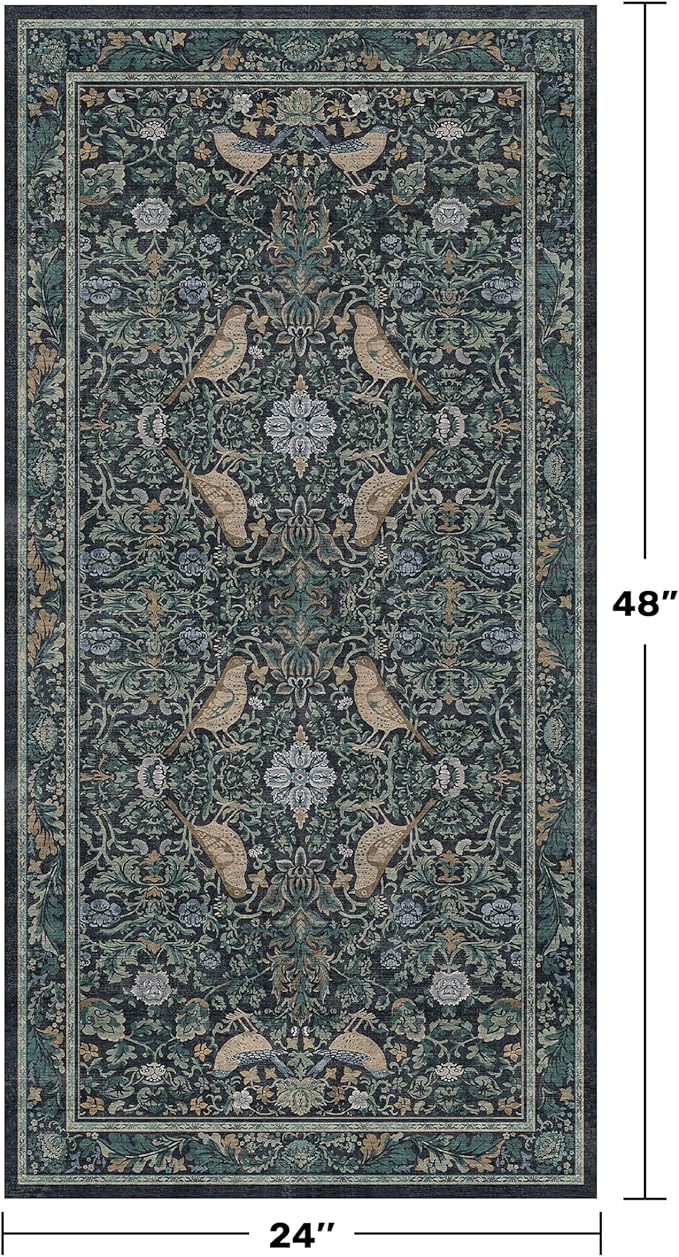 Washable Floral Small 2x4 Thin Door Mats for Inside Entry, Dark Blue Bird Non Slip Kitchen Rug, Low Pile Bathroom Rug, Traditional Carprt for Bedroom Besdide Bed