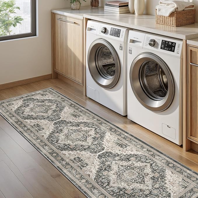 Washable Runner Rug 2x6 Runners for Hallways, Ultra-Thin Carpet Runners for Entryway Anti Slip Backing Runner Rugs for Kitchen Laundry Room Indoor Hallway (Black/Beige)