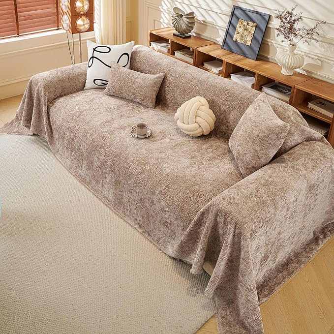 ROOMLIFE Boho Khaki Couch Cover for Dogs, Washable Non Slip Furniture Protector Couch Sofa Covers for 3 Cushion Couch, Soft Chenille Sofa Slipcovers Couch Cover Throw Blanket with Tassels 71''X134''