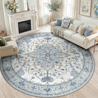 Area Rugs 7ft Washable Non-Slip, Floral Vintage Distress Print Pattern Medallion Carpet for Living Room Bedroom Dining Room, Light Blue Navy Beige Gray White