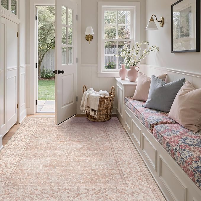 GENIMO 5x7 Washable Area Rug, Non-Slip Vintage Boho Floral Carpet, Soft Low-Pile Thin Bedroom Rug for Living Room, Dining Room, Nursery, Pink White