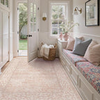 GENIMO 5x7 Washable Area Rug, Non-Slip Vintage Boho Floral Carpet, Soft Low-Pile Thin Bedroom Rug for Living Room, Dining Room, Nursery, Pink White