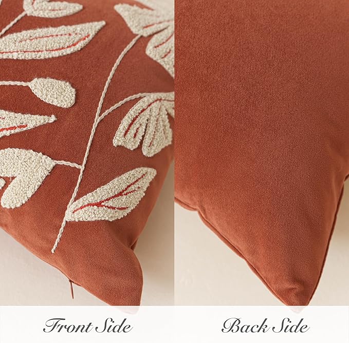 BlissBlush 12x20 Lumbar Pillow Cover, Brick Red Rectangular Decorative Throw Pillowcase for Couch Sofa, Floral Tufted Embroidered Velvet Farmhouse Accent Cushion (Cover Only)