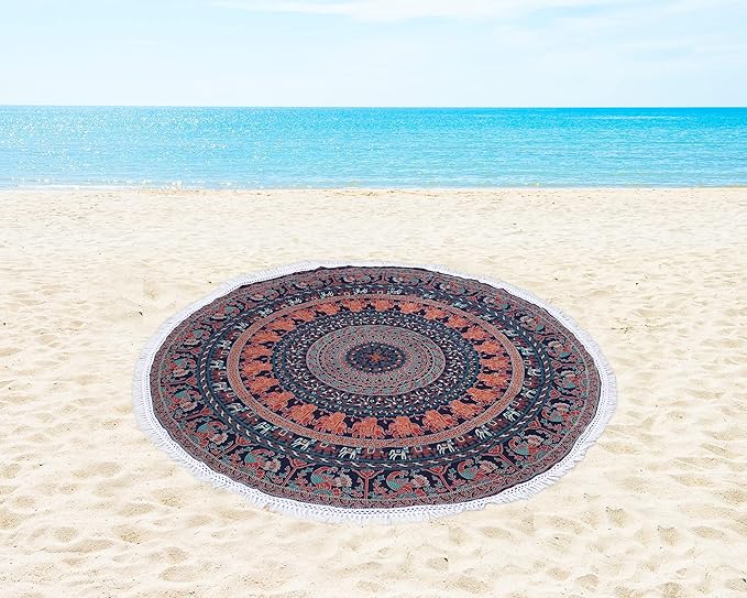 Round Beach Tapestry Turquoise Mandala Throw/Boho Hippie Beach Blanket Roundie/Indian Cotton Bohemian Large Round Table Cloth-Home Decor/Yoga Mat Meditation Picnic Rug (70", Brown)