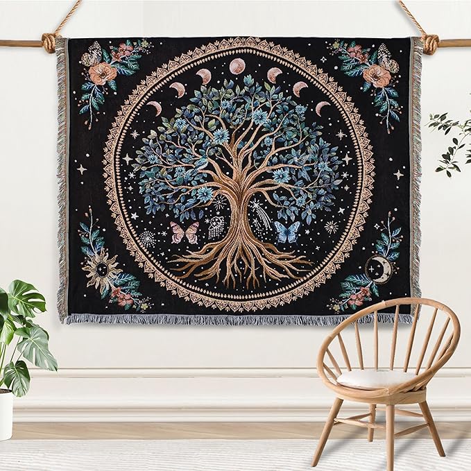 Tree of Life Woven Throw Blanket Mandala Boho Chic Decor Life Tree Reversible Cute Cotton Boho Throw Blanket Witchy Throws Blankets with Tassels Bohemian Room Decor Luxury Christmas Throws 51”x59”
