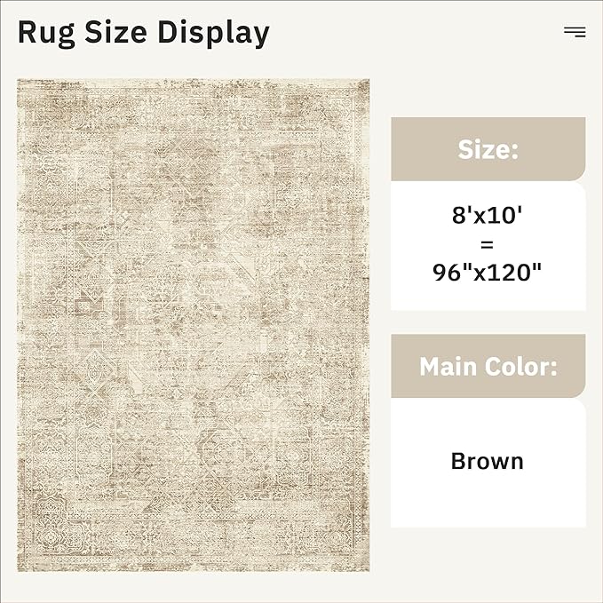Washable Area Rug 8x10, Large Soft Rugs for Living Room Vintage 8x10 Area Rugs for Bedroom Dining Room Floral Non-Slip Thin Brown
