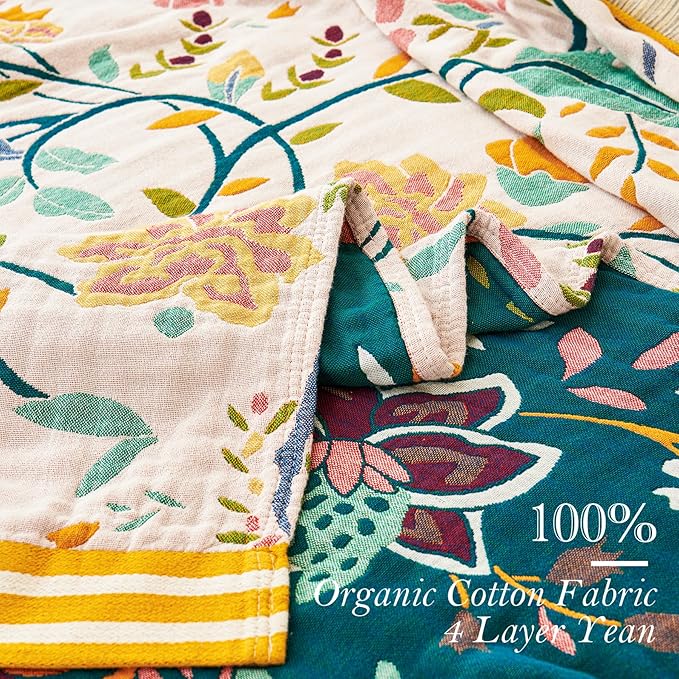 Boho Throw Blanket, 100% Organic Cotton Breathable Ultra Soft 91" x 108" King Bed Quilt Throw - All Season Floral Rustic Farmhouse Decor Luxury Blanket for Sofa Couch Chair and Gift